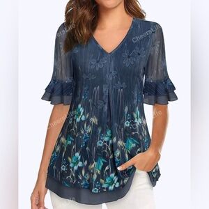 Mesh Pleated Layered Short Sleeve Floral Tunic Top